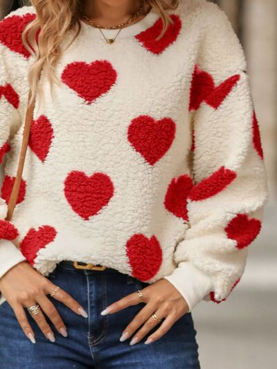 Fuzzy Heart Dropped Shoulder Sweatshirt free shipping -Oh Em Gee Boutique