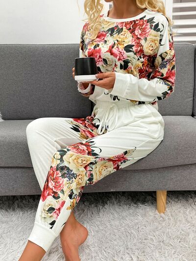 Printed Round Neck Top and Drawstring Pants Lounge Set free shipping -Oh Em Gee Boutique