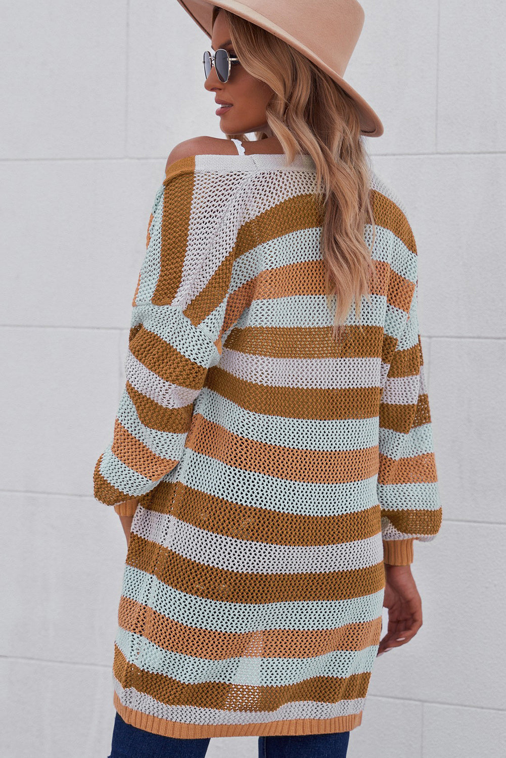 Full Size Striped Long Sleeve Openwork Cardigan free shipping -Oh Em Gee Boutique