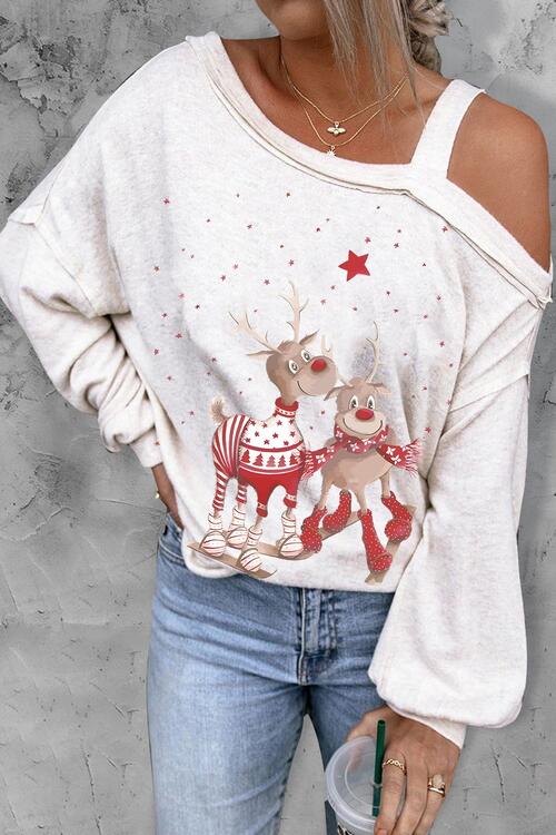 Christmas Reindeer Graphic Asymmetrical Neck Long Sleeve Top free shipping -Oh Em Gee Boutique