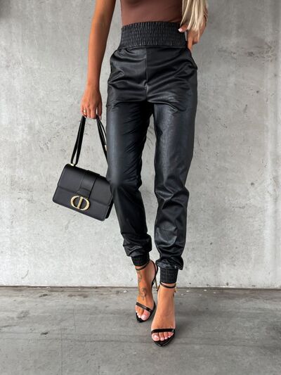 Smocked High Waist Pants with Pockets free shipping -Oh Em Gee Boutique
