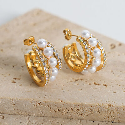 Pearl Titanium Steel C-Hoop Earrings free shipping -Oh Em Gee Boutique