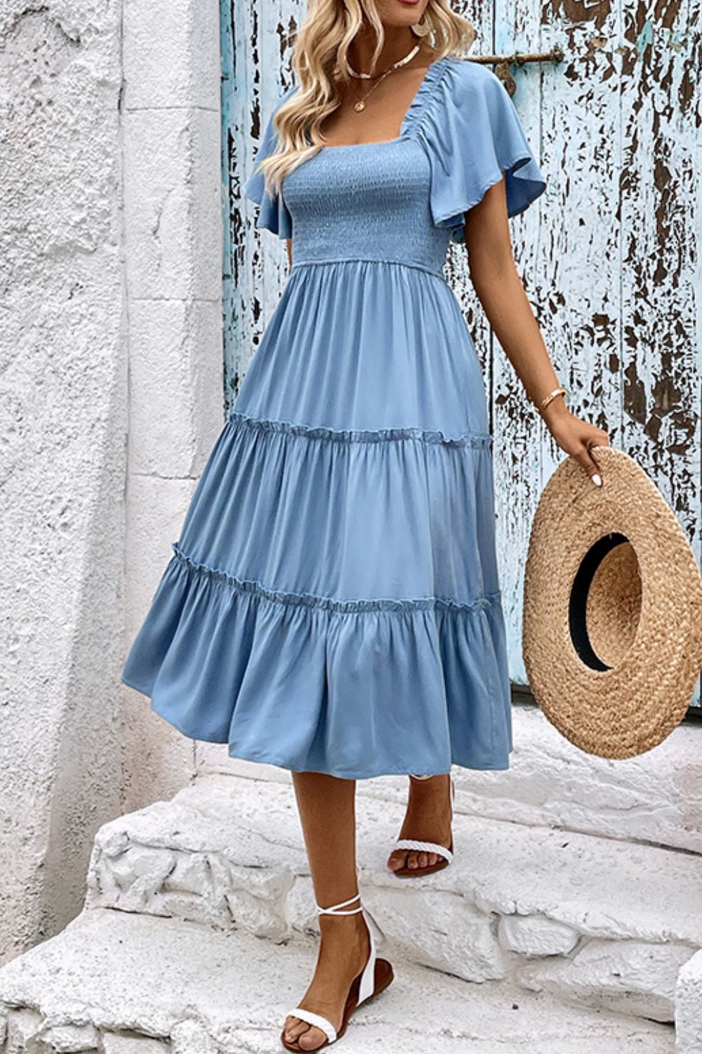 Smocked Square Neck Frill Trim Dress free shipping -Oh Em Gee Boutique