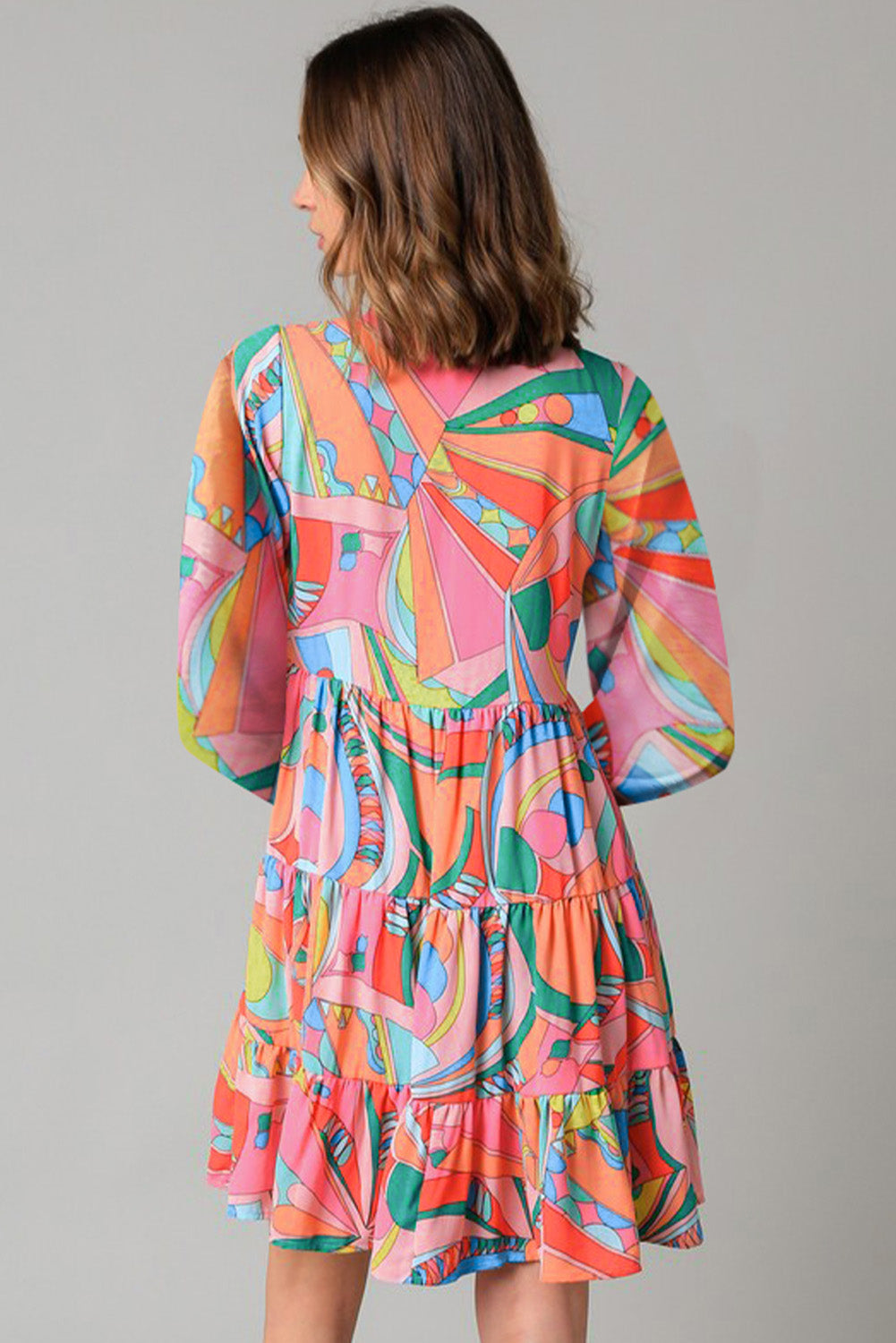 Printed Long Sleeve Tie Neck Mini Dress free shipping -Oh Em Gee Boutique