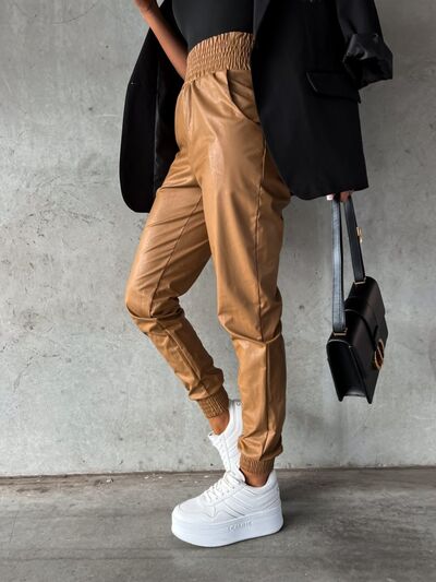 Smocked High Waist Pants with Pockets free shipping -Oh Em Gee Boutique
