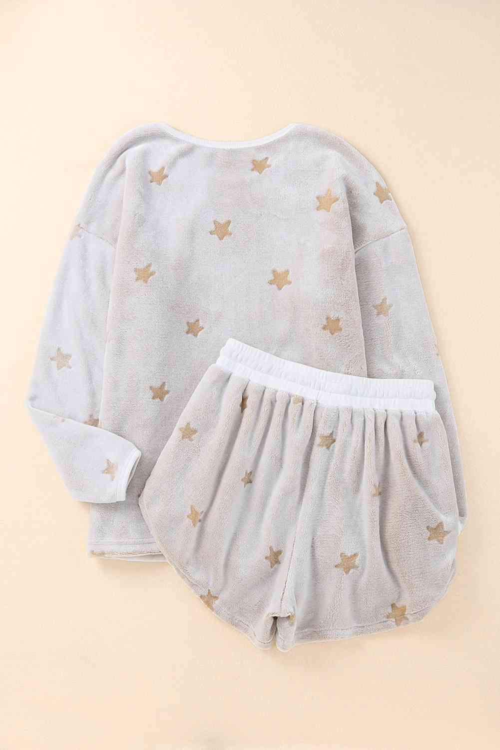Round Neck Dropped Shoulder Star Print Top and Shorts Lounge Set free shipping -Oh Em Gee Boutique