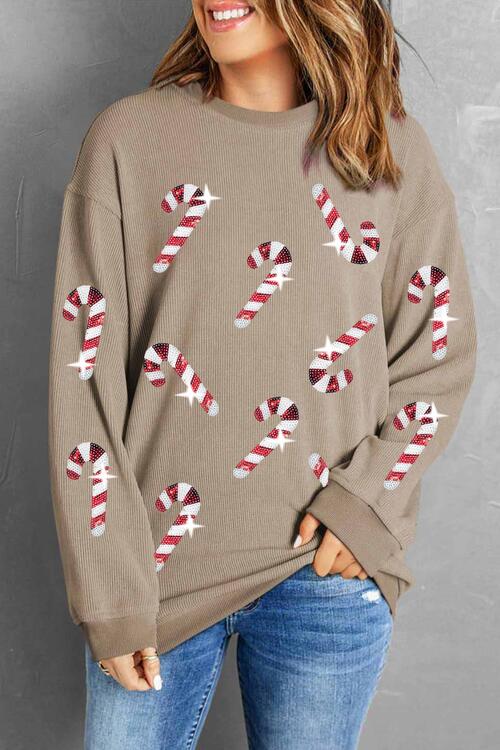 Christmas Sequin Candy Cane Round Neck Sweatshirt free shipping -Oh Em Gee Boutique