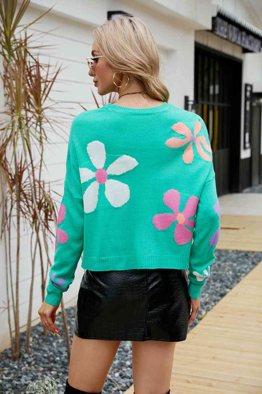 Flower Round Neck Drop Shoulder Sweater free shipping -Oh Em Gee Boutique