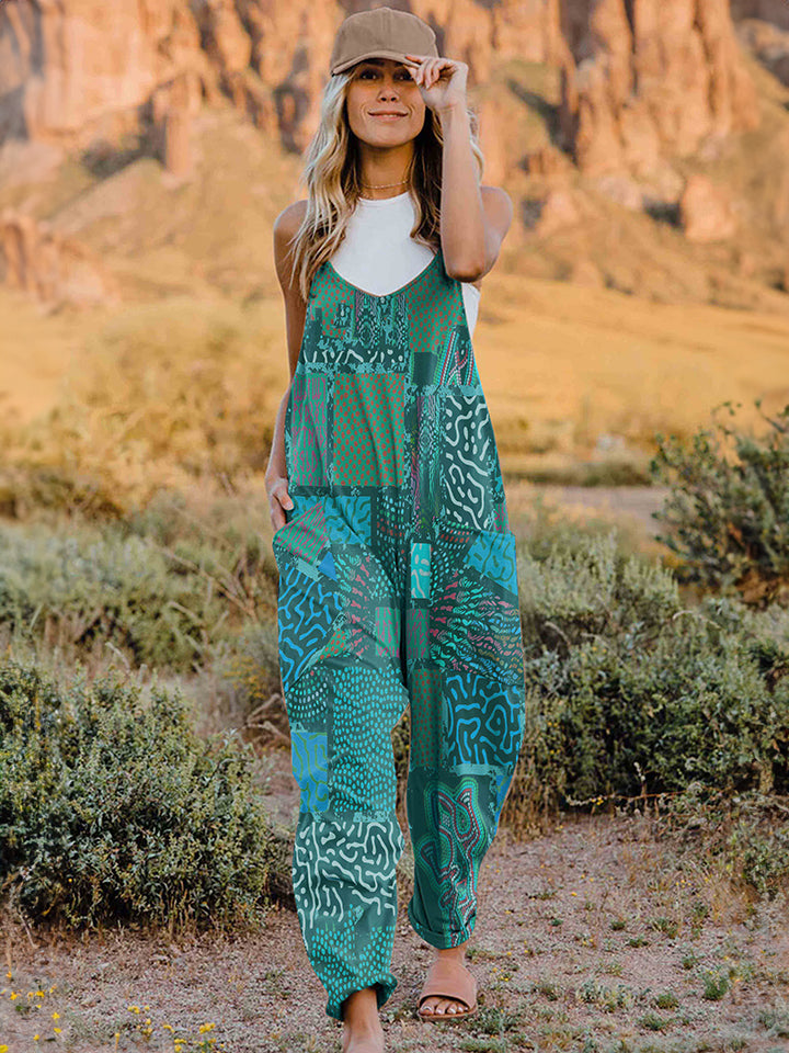 Double Take Full Size Printed V-Neck Sleeveless Jumpsuit free shipping -Oh Em Gee Boutique