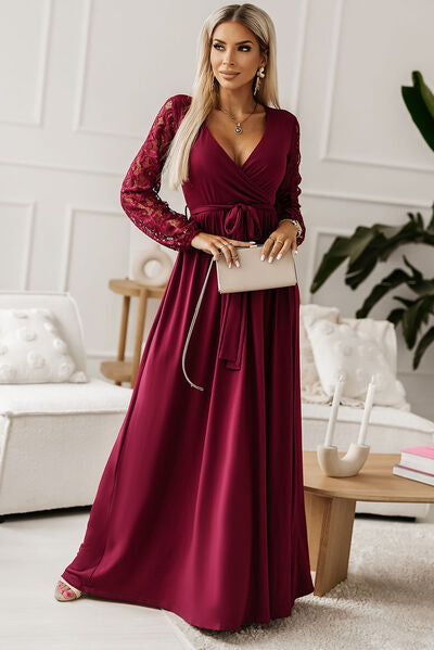 Lace Detail Surplice Tie-Waist Maxi Dress free shipping -Oh Em Gee Boutique