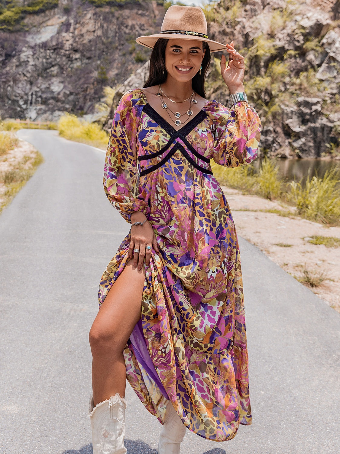 Printed V-Neck Long Sleeve Dress free shipping -Oh Em Gee Boutique