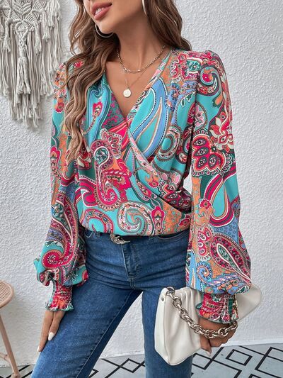 Printed Surplice Smocked Lantern Sleeve Blouse free shipping -Oh Em Gee Boutique