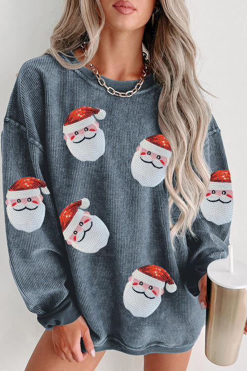Sequin Santa Patch Ribbed Sweatshirt free shipping -Oh Em Gee Boutique