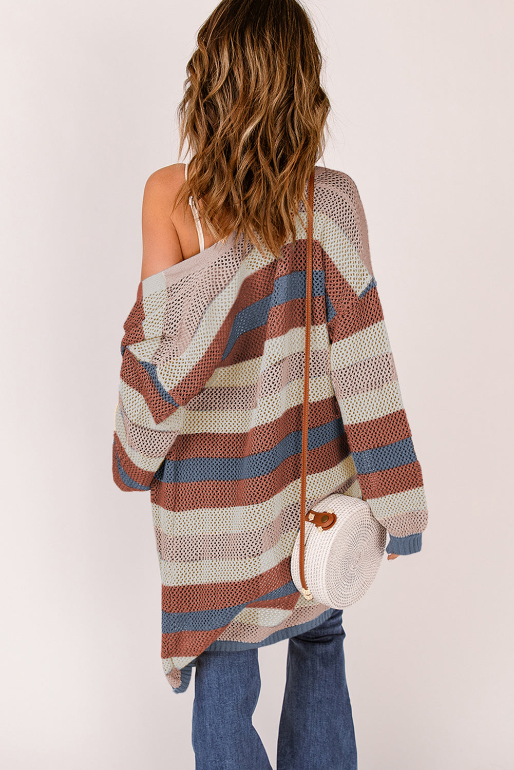 Full Size Striped Long Sleeve Openwork Cardigan free shipping -Oh Em Gee Boutique