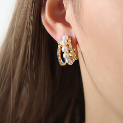 Pearl Titanium Steel C-Hoop Earrings free shipping -Oh Em Gee Boutique