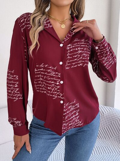 Letter Printed Button Up Long Sleeve Blouse free shipping -Oh Em Gee Boutique