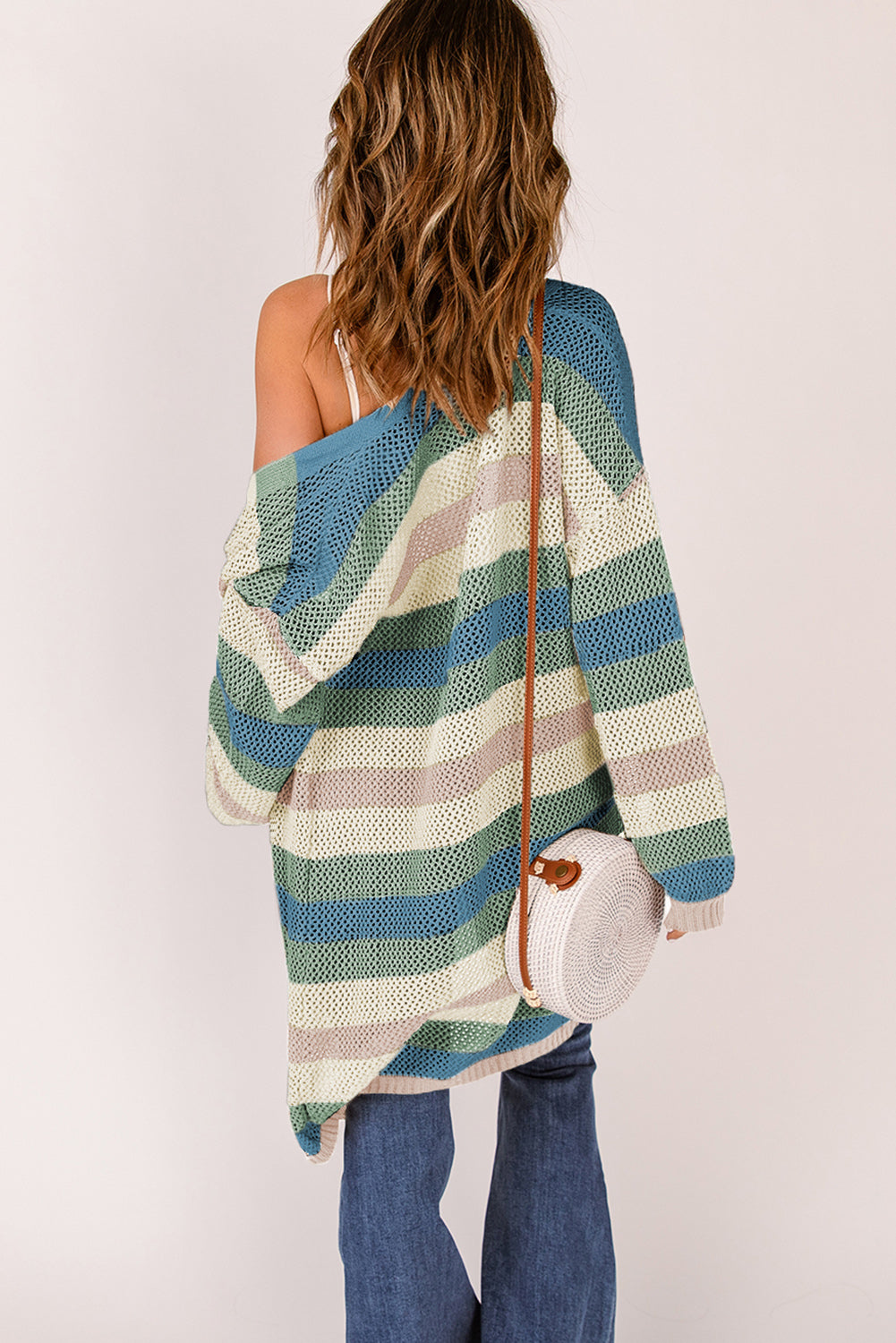 Full Size Striped Long Sleeve Openwork Cardigan free shipping -Oh Em Gee Boutique