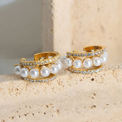 Pearl Titanium Steel C-Hoop Earrings free shipping -Oh Em Gee Boutique