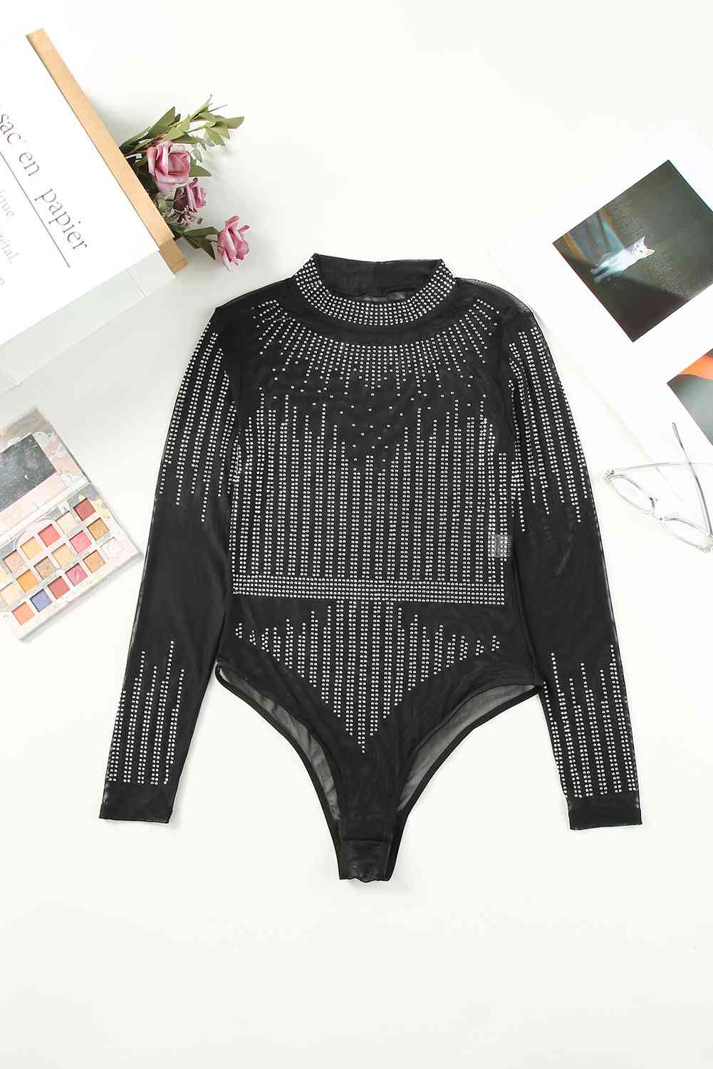 Rhinestone Round Neck Long Sleeve Bodysuit free shipping -Oh Em Gee Boutique