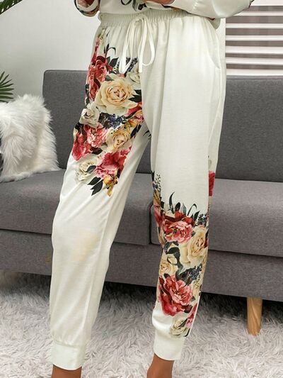 Printed Round Neck Top and Drawstring Pants Lounge Set free shipping -Oh Em Gee Boutique