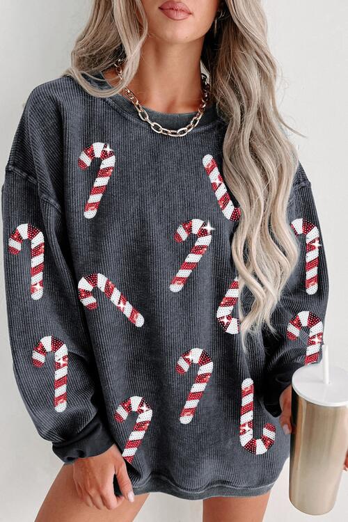 Christmas Sequin Candy Cane Round Neck Sweatshirt free shipping -Oh Em Gee Boutique