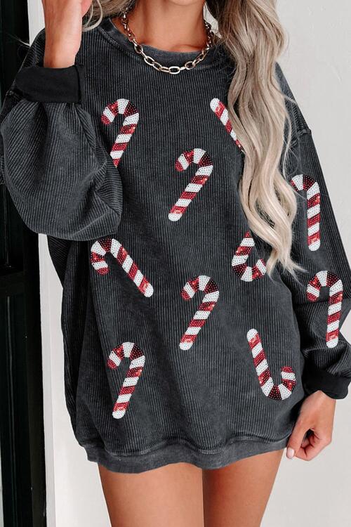 Christmas Sequin Candy Cane Round Neck Sweatshirt free shipping -Oh Em Gee Boutique