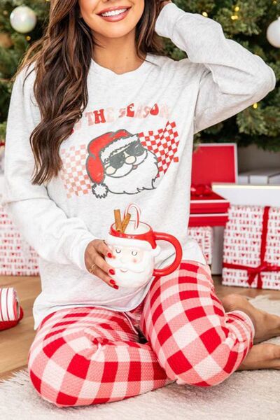ITS THE SEASON Round Neck Top and Plaid Pants Lounge Set free shipping -Oh Em Gee Boutique
