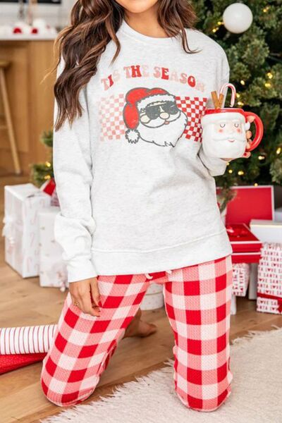 ITS THE SEASON Round Neck Top and Plaid Pants Lounge Set free shipping -Oh Em Gee Boutique