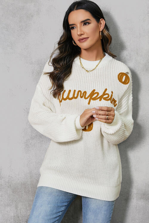Pumpkin Embroidery Long Sleeve Sweater free shipping -Oh Em Gee Boutique