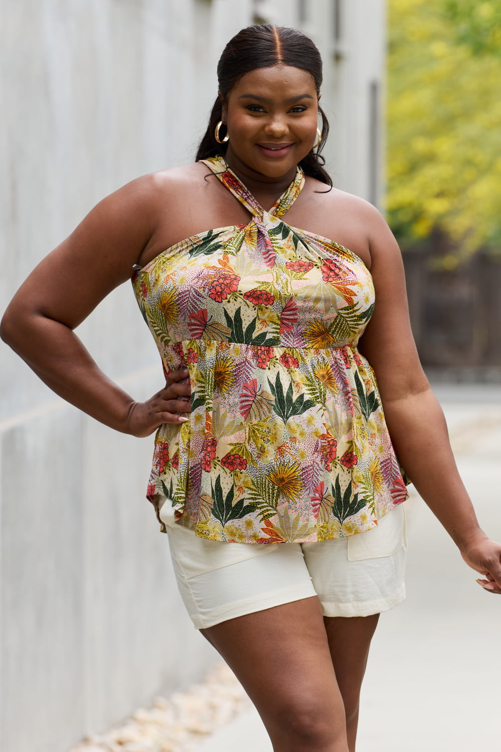 Be Stage Full Size Floral Halter Top in Green free shipping -Oh Em Gee Boutique