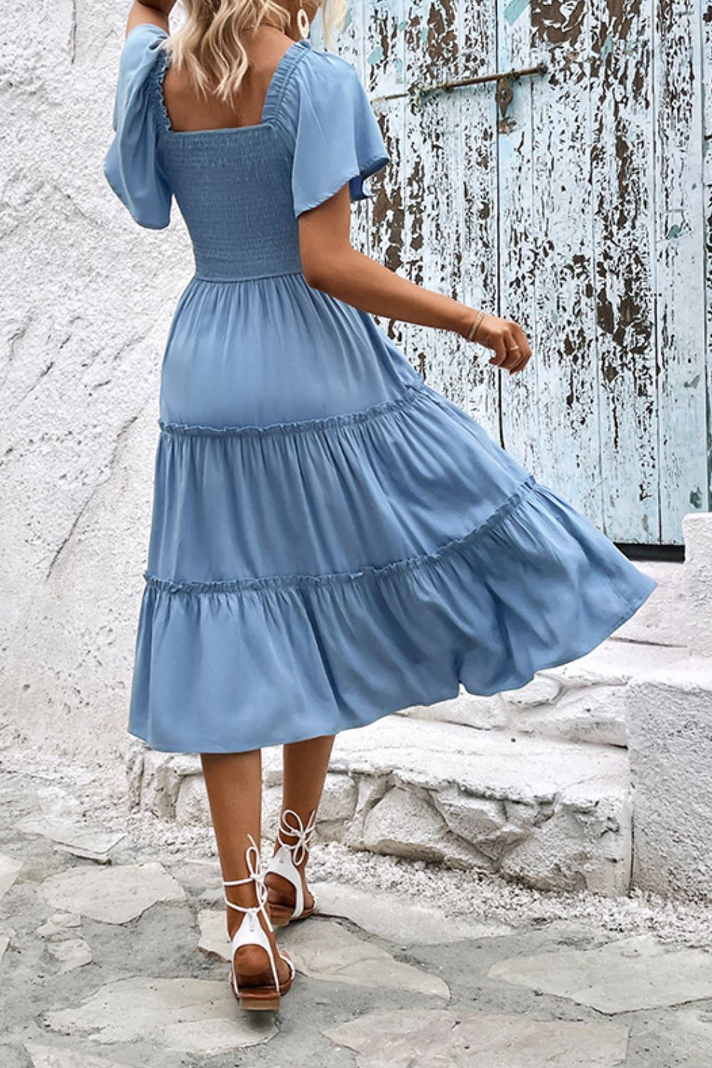 Smocked Square Neck Frill Trim Dress free shipping -Oh Em Gee Boutique