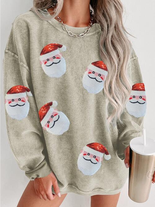 Sequin Santa Patch Ribbed Sweatshirt free shipping -Oh Em Gee Boutique