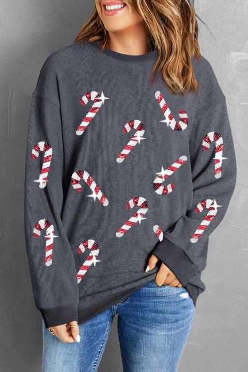 Christmas Sequin Candy Cane Round Neck Sweatshirt free shipping -Oh Em Gee Boutique