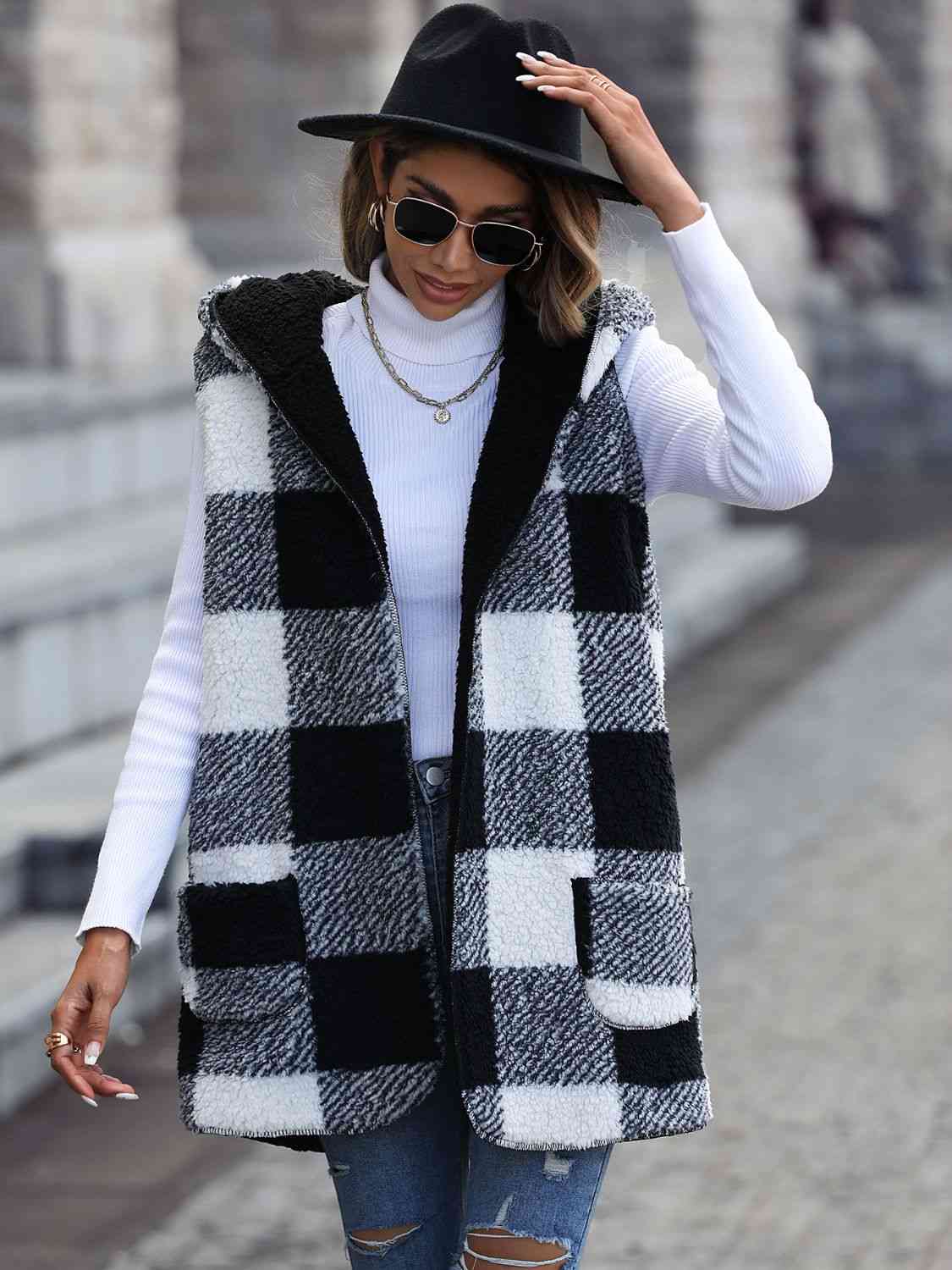 Plaid Hooded Vest with Pockets free shipping -Oh Em Gee Boutique