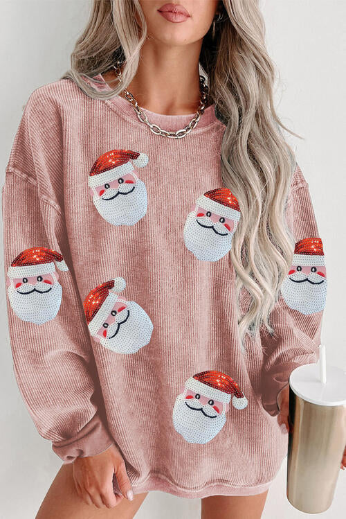 Sequin Santa Patch Ribbed Sweatshirt free shipping -Oh Em Gee Boutique