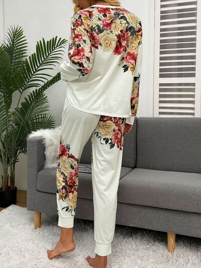Printed Round Neck Top and Drawstring Pants Lounge Set free shipping -Oh Em Gee Boutique