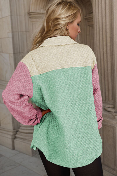 Color Block Button Up Long Sleeve Shacket free shipping -Oh Em Gee Boutique