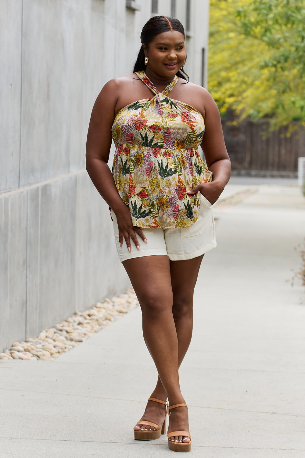 Be Stage Full Size Floral Halter Top in Green free shipping -Oh Em Gee Boutique
