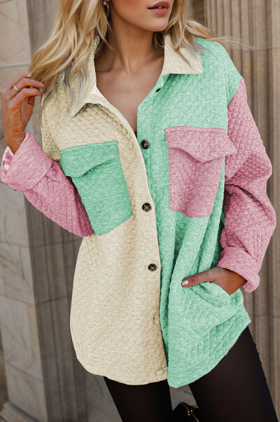 Color Block Button Up Long Sleeve Shacket free shipping -Oh Em Gee Boutique