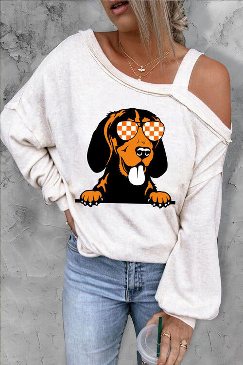 Graphic Asymmetrical Neck Long Sleeve Top with Dog Graphic free shipping -Oh Em Gee Boutique