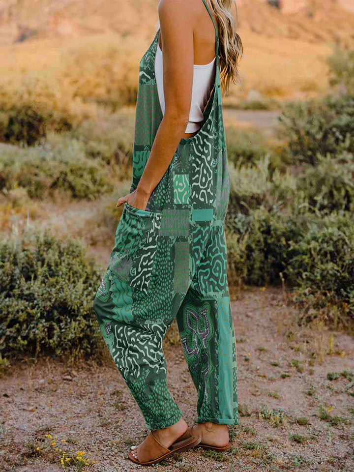 Double Take Full Size Printed V-Neck Sleeveless Jumpsuit free shipping -Oh Em Gee Boutique