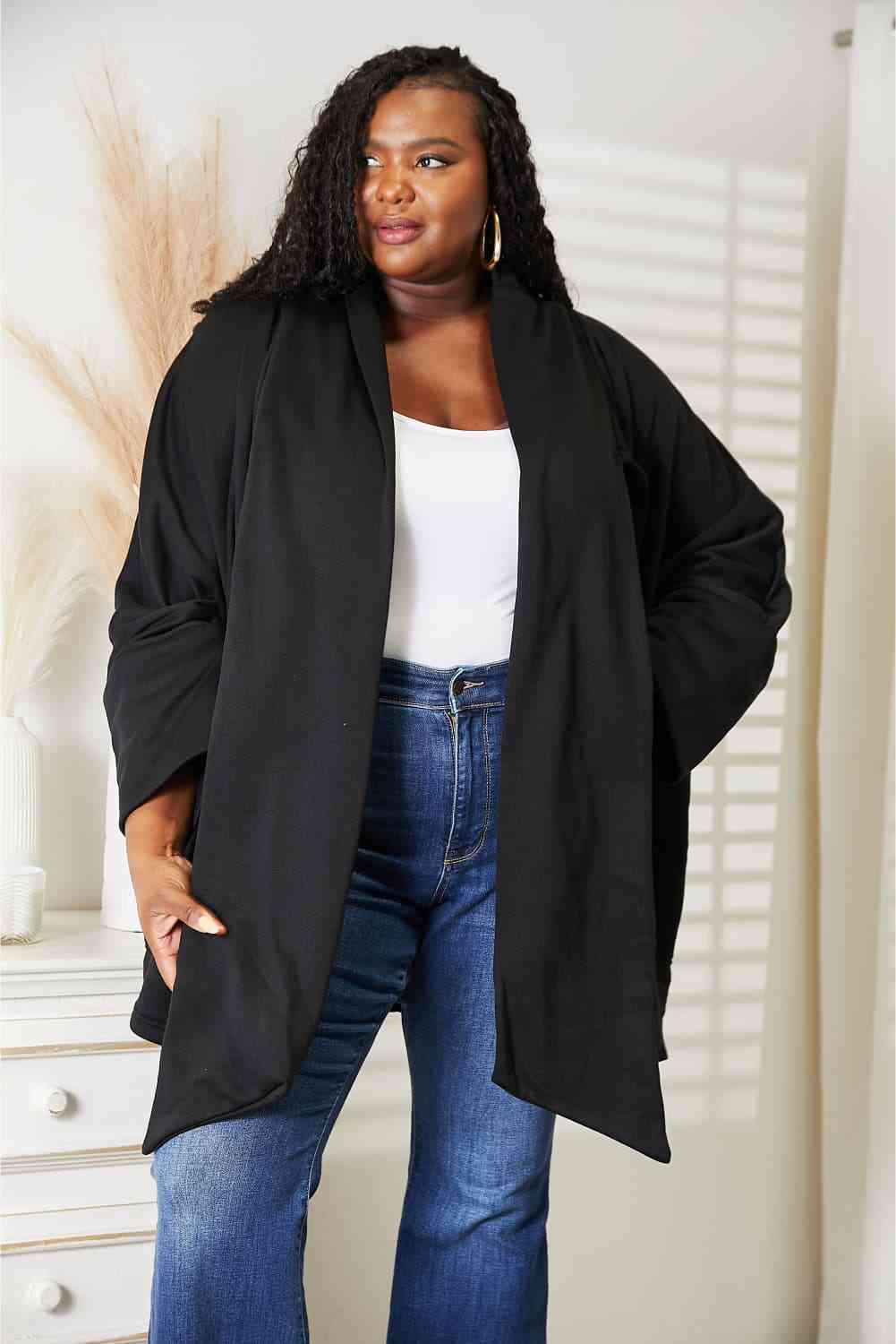 HEYSON Full Size Open Front Cardigan with Scarf Design free shipping -Oh Em Gee Boutique
