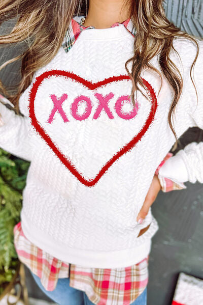 XOXO Heart Round Neck Dropped Shoulder Sweatshirt free shipping -Oh Em Gee Boutique
