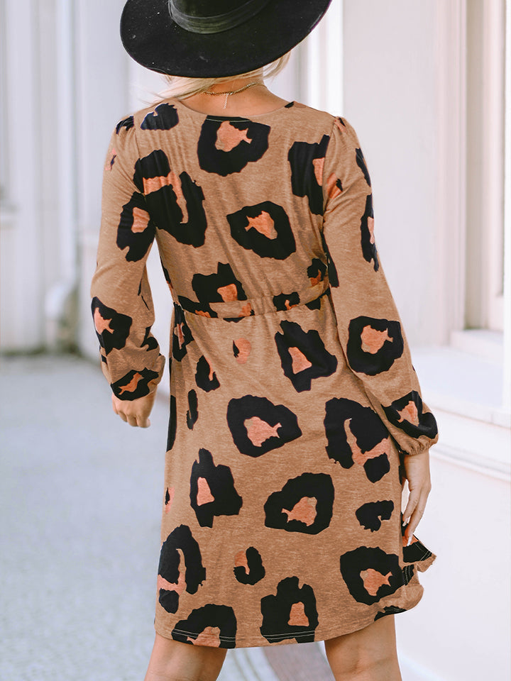Leopard Printed Round Neck Long Sleeve Button-Up Dress free shipping -Oh Em Gee Boutique