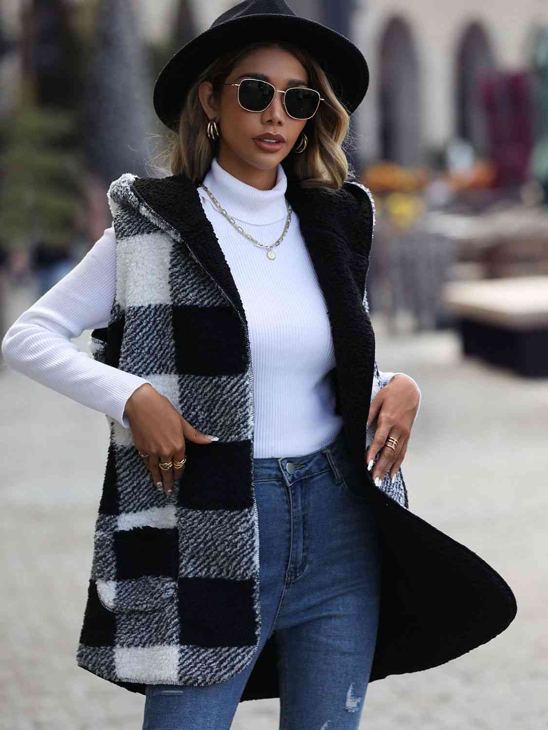 Plaid Hooded Vest with Pockets free shipping -Oh Em Gee Boutique