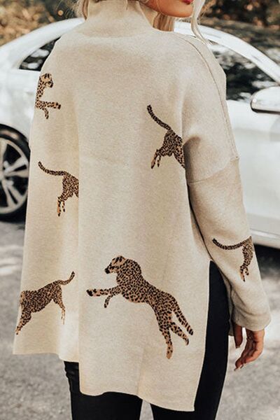 Animal Pattern Mock Neck Long Sleeve Slit Sweater free shipping -Oh Em Gee Boutique