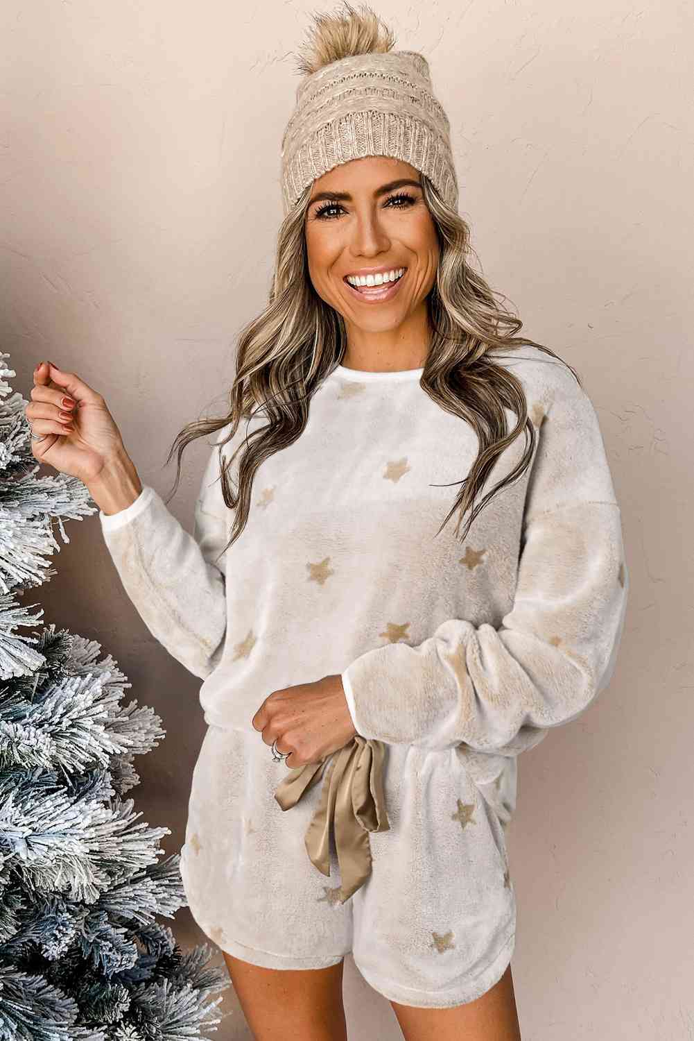 Round Neck Dropped Shoulder Star Print Top and Shorts Lounge Set free shipping -Oh Em Gee Boutique