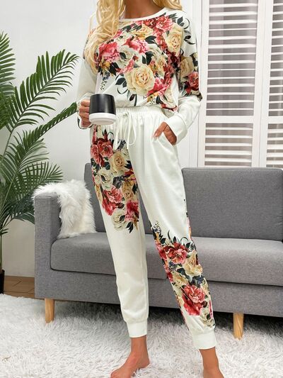 Printed Round Neck Top and Drawstring Pants Lounge Set free shipping -Oh Em Gee Boutique