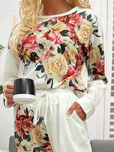 Printed Round Neck Top and Drawstring Pants Lounge Set free shipping -Oh Em Gee Boutique