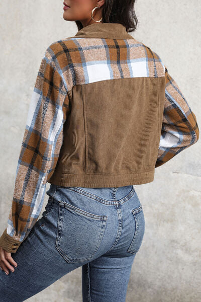 Plaid Button Up Collared Neck Jacket free shipping -Oh Em Gee Boutique